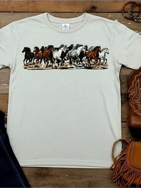 Running Horses Graphic Tee Western Horse Shirt Mustang Cowgirl Ranch Life